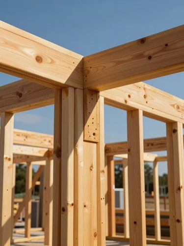 Medium architectural detail shot of heavy timber framing on an active, clean construction site under bright, natural daylight, focusing on rich natural wood textures and precise joinery.