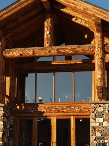 Architectural portrait of a modern mountain-home exterior showing heavy timber framing, custom masonry pillars, and large glass windows under warm afternoon light