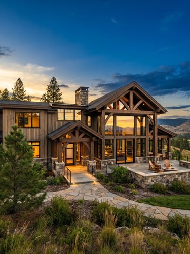 Wide-angle architectural exterior of a modern custom timber-framed home in Spokane Valley, warm golden-hour sunlight reflecting off large glass windows, clean masonry accents.