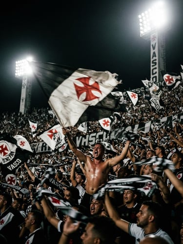 Dynamic sports photography, high-contrast stadium floodlights of São Januário with passionate Vasco da Gama fans waving flags in the stands, 35mm
