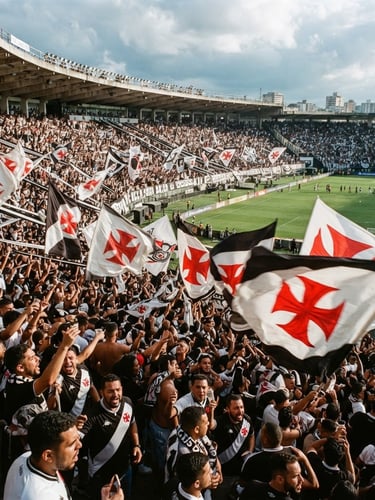Dynamic wide-angle shot of São Januário stadium packed with passionate fans waving giant flags under dramatic afternoon daylight, Maltese cross visible, 35mm sports photography