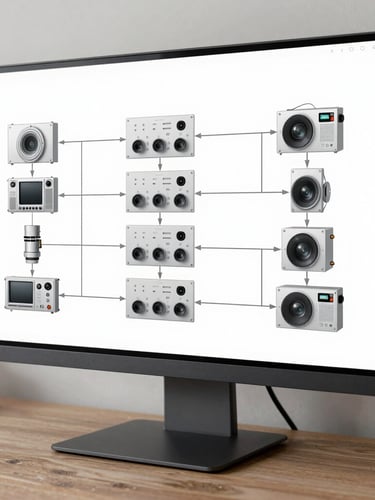 A high-fidelity system architecture diagram displayed on a clean, modern ultra-wide monitor, neutral daylight, orthogonal framing, sharp technical lines.
