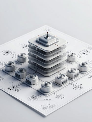 Orthogonal system architecture blueprint of an enterprise cloud infrastructure. Clean technical lines, gray and white schematic diagram, precise engineering aesthetic, bright studio lighting.