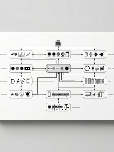 Flat-lay of a high-fidelity technical system architecture diagram, clean light gray orthogonal lines, bright studio lighting, generous negative space.