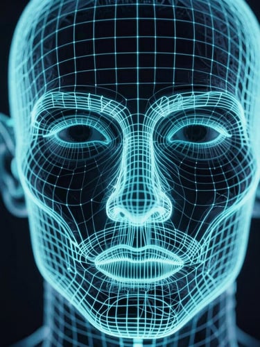 Macro screen detail showing facial recognition wireframe with neon cyan scanning lines, dark technical photography, high contrast, 35mm