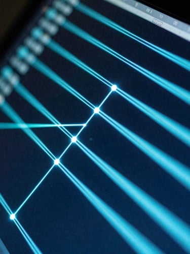 Macro shot of a high-contrast computer terminal displaying glowing cyan data streams and connection lines, dark technical photography, neon blue accent lighting, sharp focus, 35mm