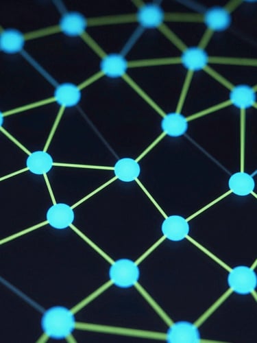 Abstract network nodes and facial landmarks visualization on a dark background, neon green accent lines, sharp focus, macro detail