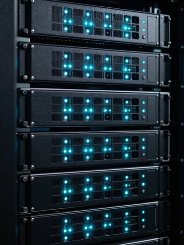 Close-up of server racks with blinking cyan LED lights in a dark data center, high contrast, technical photography, sharp focus, 35mm