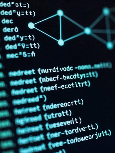 Macro shot of a dark terminal screen with glowing cyan code lines, network nodes in the background, high contrast, 35mm