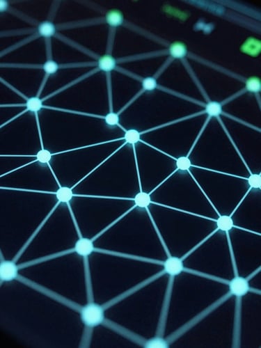Abstract network nodes and glowing connections on a dark background, cyber security data visualization, neon cyan and green lighting, high contrast, sharp focus, 35mm