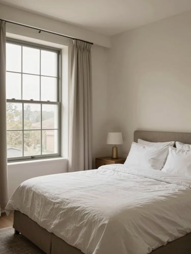 Wide environmental shot of a well-appointed guest bedroom interior, linen freshly made, soft natural light streaming through a tall window on the left, clean neutral tones of cream and taupe, no people, calm and orderly atmosphere, slightly angled perspective showing the full room depth