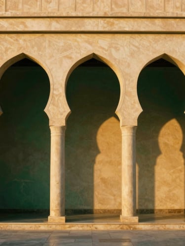 Symmetrical warm golden hour architectural arches of Madinah, soft shadows, deep emerald and sand tones, 35mm editorial photography.