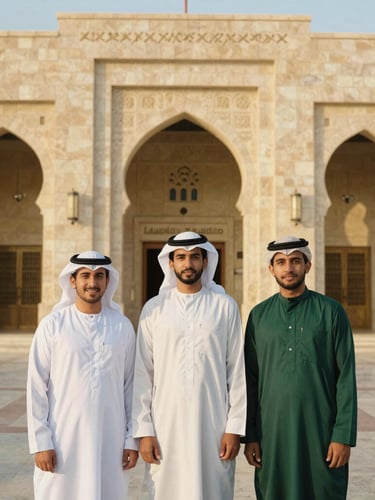 Three young Saudi business partners in traditional attire standing in front of a modern stone building in Madinah, warm golden hour light, architectural symmetry, 35mm photography
