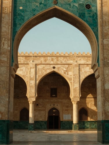 Warm editorial photography of Al-Masjid an-Nabawi architectural arches, golden-hour sunlight, deep emerald and sand tones, architectural symmetry, 35mm