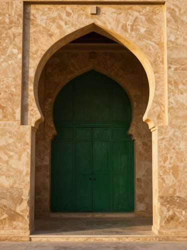 Symmetric architectural archway frame in Madinah, warm golden hour sunlight casting soft shadows on textured sand-colored stone, 35mm photography