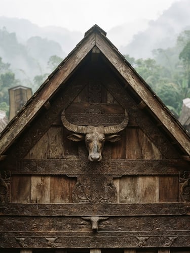 Intimate close-up of a traditional Tongkonan carved wooden facade under soft, misty morning mountain fog, warm editorial travel photography style, 35mm lens.