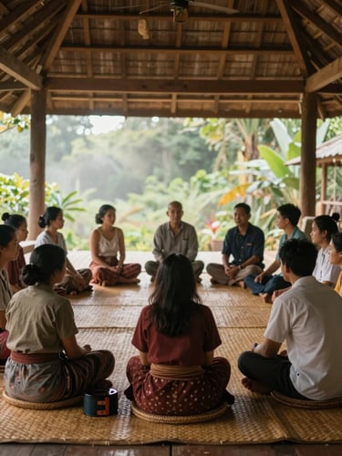 A wide shot of a traditional communal meeting on a woven mat inside a wooden pavilion, soft filtered light, respectful atmosphere.
