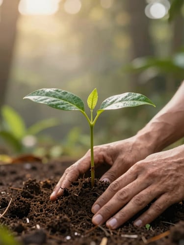A close-up of a young green sapling being planted in rich volcanic soil, hands gently patting the earth, soft golden hour light, 35mm lens
