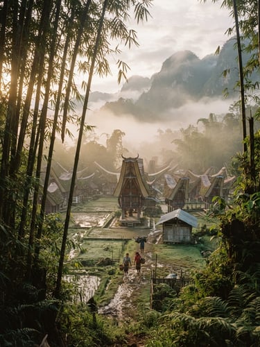 Misty morning mountain fog over a traditional Toraja village, soft golden hour light filtering through towering bamboo, 35mm lens