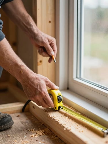 Close-up of a contractor's hands measuring and marking a door rough opening on fresh framing lumber — tape measure extended, pencil mark visible, natural daylight from an adjacent window, sawdust on the sill
