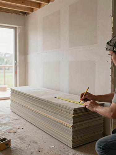 Wide environmental shot of a renovation in progress — drywall sheets stacked against a framed wall, a worker's hands marking measurements with a pencil, natural daylight from an open doorway behind