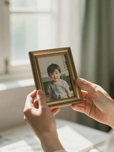 Close-up of hands gently holding a small, cherished, antique photo frame, sunlight streaming through a window, soft focus on the background of a peaceful room.