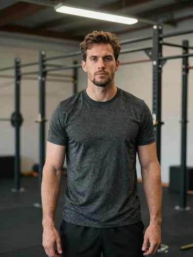 Candid medium shot of Nick, a working-class trainer in a dark grey t-shirt, standing confidently in a functional gym with steel racks, natural overhead lighting, honest and unposed.