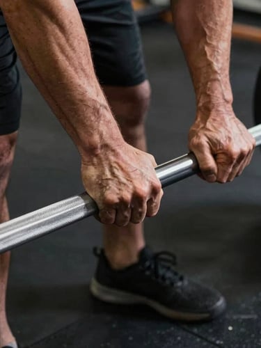 A close-up of calloused hands gripping a steel barbell in a dark gym, high-contrast shadows, safety orange light accenting the metal.