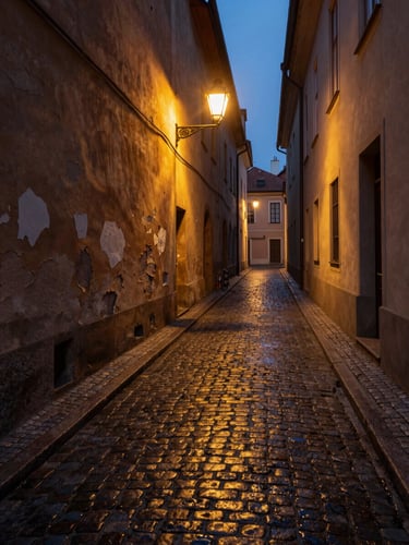 Wide vertical frame: a narrow cobblestone lane in an old European quarter at pre-dawn, amber streetlamp casting a single cone of warm light on wet stone, deep shadow receding into the far end of the alley, no people, architectural detail of peeling plaster wall close on the left edge