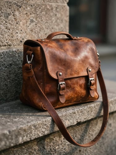 Portrait-format close shot of a worn leather camera bag resting on a stone ledge in diffused morning light, the strap hanging loosely over the edge, shallow depth of field softening the rough-hewn background, warm amber and charcoal tones