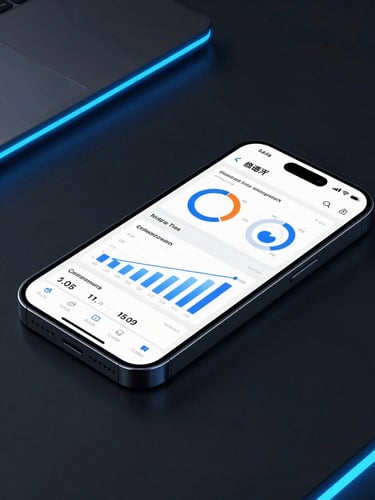 Sleek portrait shot of a modern smartphone displaying clean analytics dashboards on a dark desk, glowing neon blue ambient rim lighting, sharp focus, premium tech styling