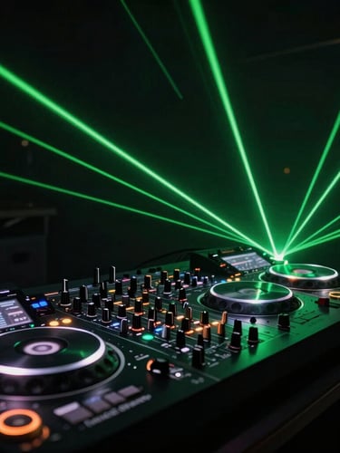 Sleek close-up of professional DJ equipment and soundboards under sharp neon green laser lines, deep obsidian background, wide-angle lens, high-contrast nightlife photography.