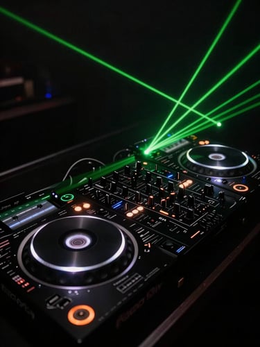 Sleek close-up of professional DJ decks and soundboard in a dark club, sharp neon green laser lines cutting through deep obsidian shadows, high-contrast nightlife photography