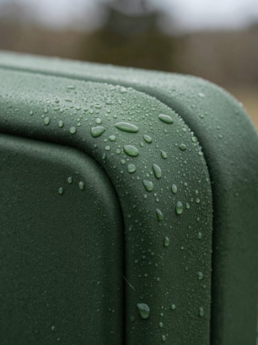 Close-up macro shot of water droplets beading on a thick forest green resin armrest, rugged texture, natural overcast daylight, sharp detail, 35mm lens