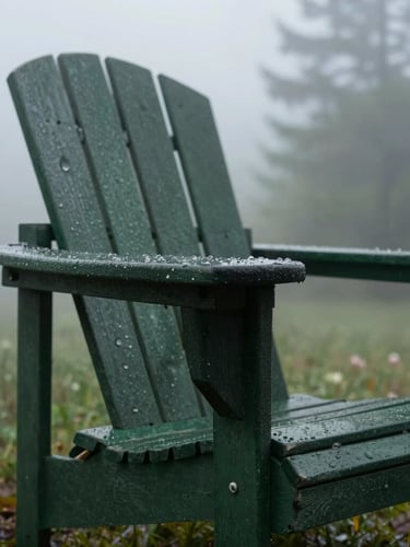 Low-angle shot of a weathered dark green Adirondack chair in morning fog, rain droplets beading on the thick resin armrest, sharp detail, 35mm lens