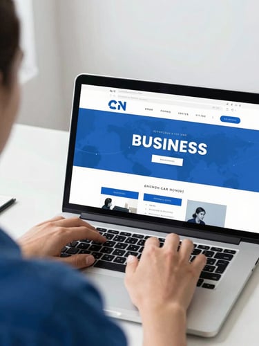Over-the-shoulder shot of a designer customizing a clean business website on a laptop, bright natural office lighting, royal blue accents.
