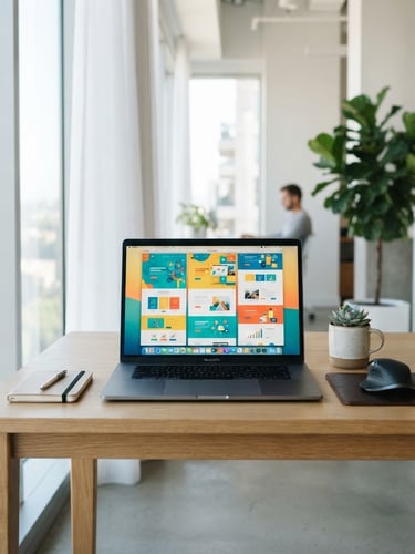 A bright modern workspace with a clean desk, a laptop displaying a vibrant website layout, natural daylight from a window, sharp focus.