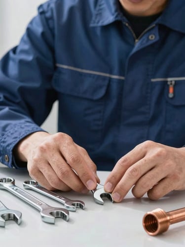Close-up of a professional technician in a clean navy uniform neatly arranging steel wrenches and copper pipe joints on a clean workspace under bright daylight.