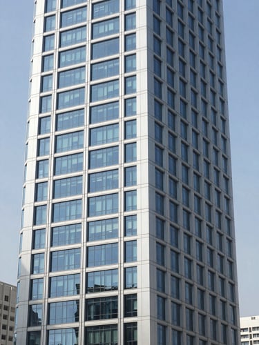 Crisp commercial photography of a modern high-rise office building in Jumeirah Lake Towers under bright daylight, clean architectural lines.