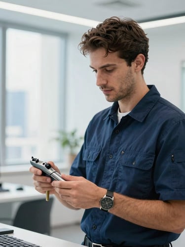Crisp commercial photography of a professional technician in a clean navy uniform holding technical tools inside a bright, modern Dubai office space.
