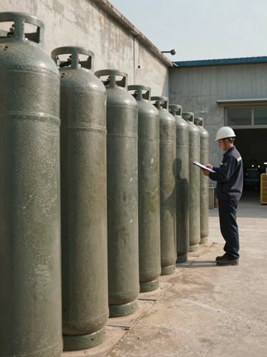 Environmental shot of a small industrial facility yard in daylight, rows of large gas cylinders stacked against a concrete wall, a worker in a hard hat checking inventory on a clipboard