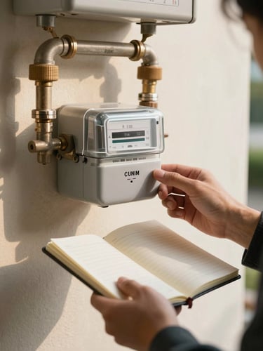 Close-up of hands checking a residential gas meter mounted on an exterior wall in warm morning light, a notebook open nearby showing meter readings