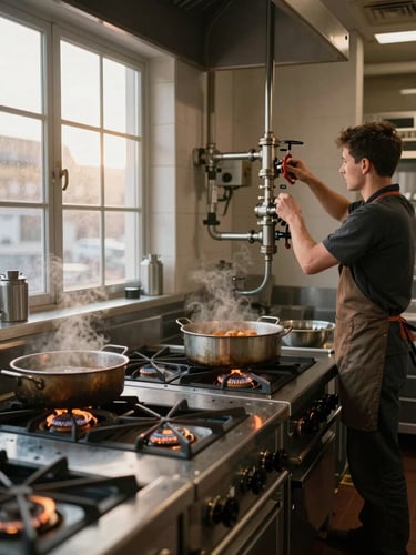 Medium-wide shot of a bakery kitchen at dawn, gas burners lit under large pans, a worker in work clothes adjusting a valve on a commercial gas line, warm window light from the left