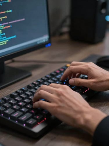 A close-up of a developer's hands typing on a mechanical keyboard, code glowing on a dark screen in a high-contrast industrial workspace, dramatic side lighting, sharp focus.