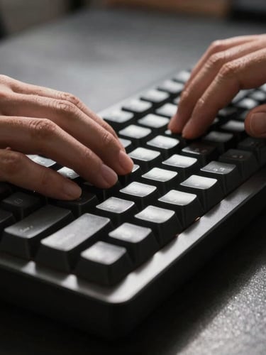 Close-up macro shot of hands typing on a mechanical keyboard, high contrast dramatic natural light, deep shadows, dark desk environment.