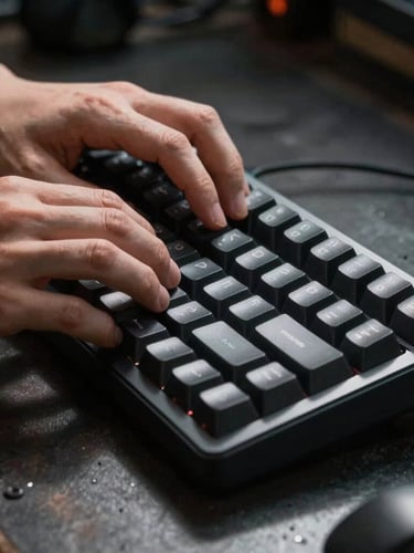 Macro shot of hands typing clean code on a mechanical keyboard, high contrast dramatic natural light with deep shadows, dark industrial-tech workspace environment