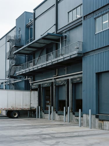 Crisp architectural crop of a modern industrial logistics facility in Santa Fe Springs, cool daylight, sharp focus, 35mm lens