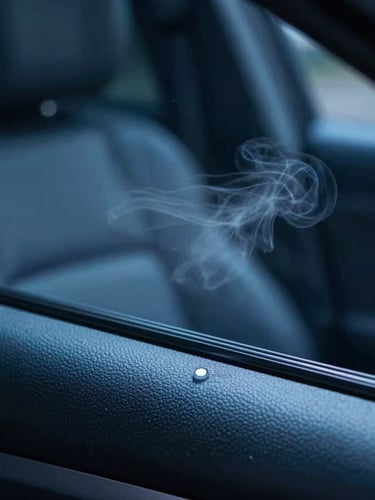 Macro close-up looking through a car window, cool directional blue studio lighting illuminating a subtle mist of ozone sterilization inside a dark leather cabin, clinical and clean atmosphere.