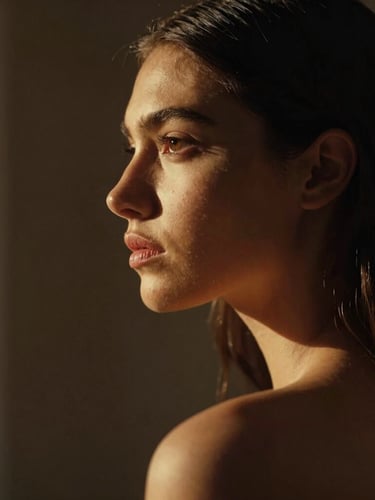 Cinematic video still of an editorial brand shoot, a model in shadow with dramatic natural light highlighting their profile, warm rich tones, cinematic composition.