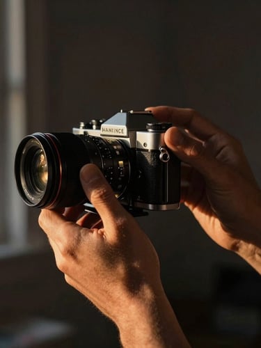 Cinematic close-up of a videographer's hands adjusting a vintage camera lens, warm natural light streaming through a window, moody dark background, high contrast